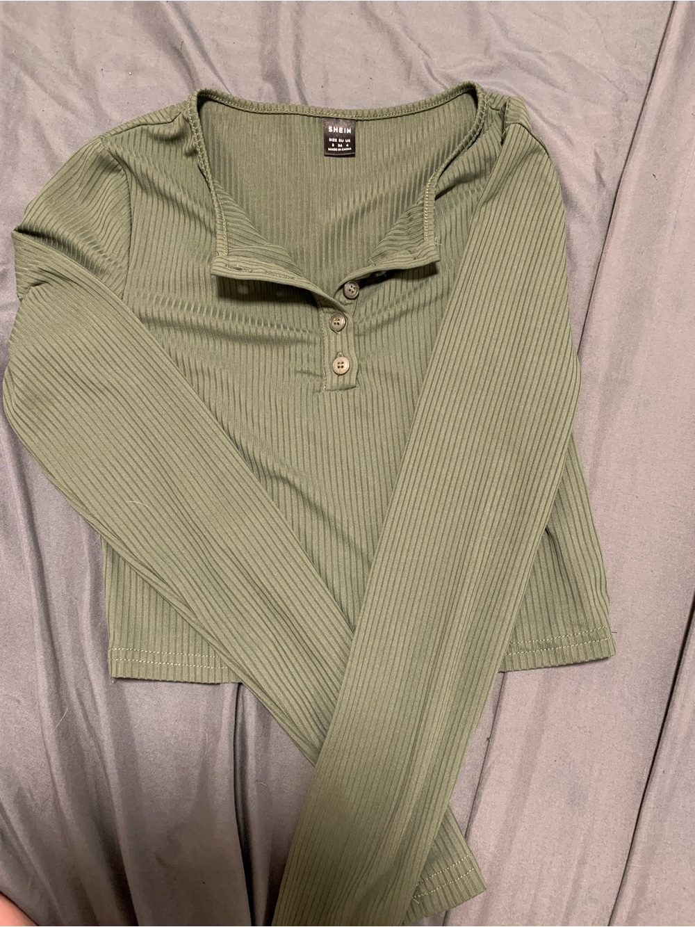 Shein Olive Green Ribbed Henley Long-Sleeve crop Top
